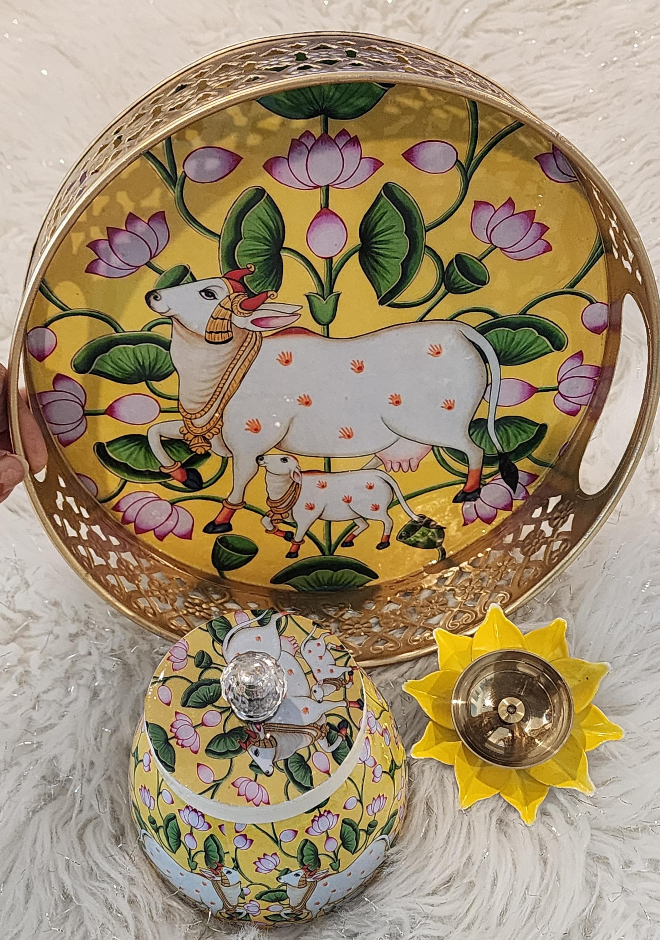 Pichwai Art Metal Tray Set: Nandi Cow Design, Indian Home Decor.