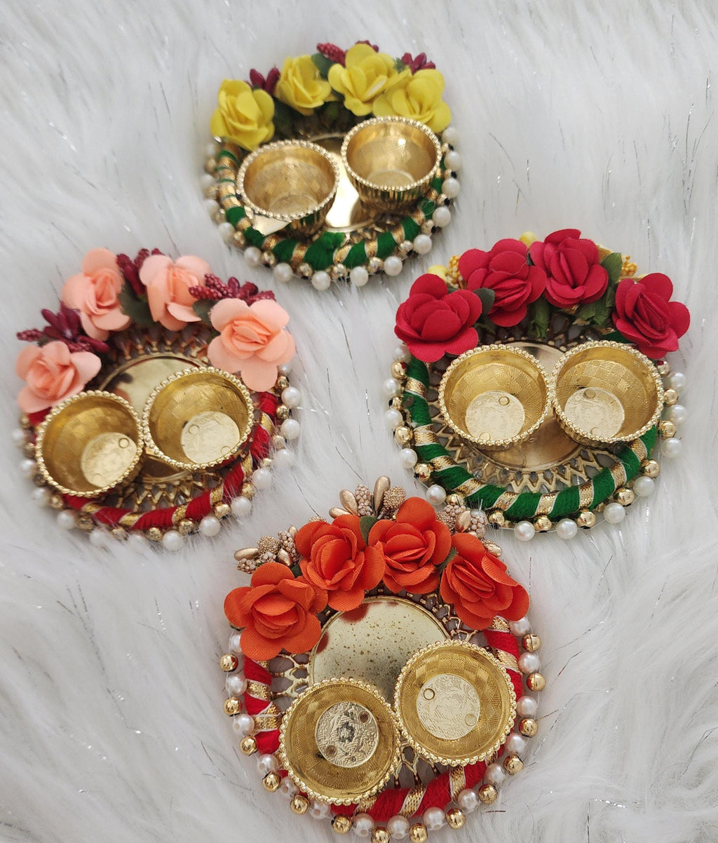 Floral Haldi Kumkum Plate: Mehndi Decor Pooja Thali