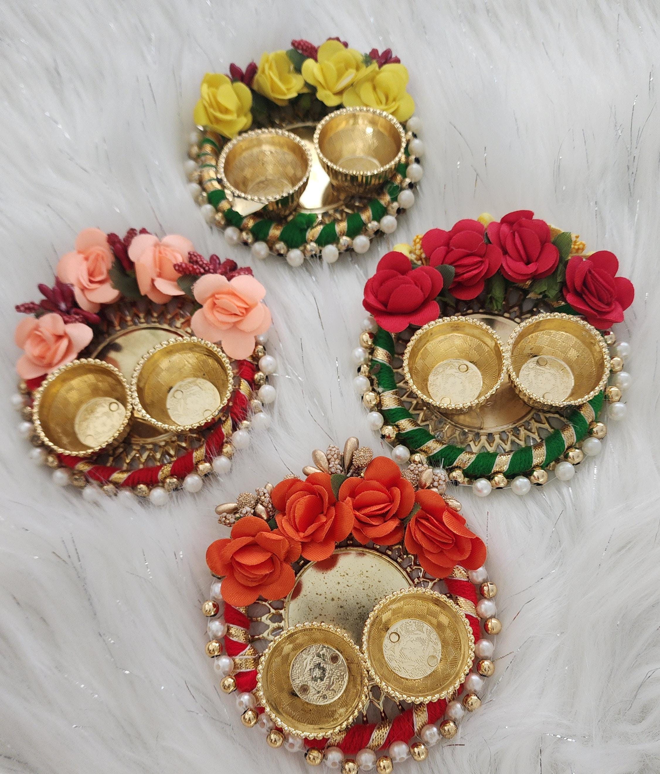 Floral Haldi Kumkum Plate: Mehndi Decor Pooja Thali