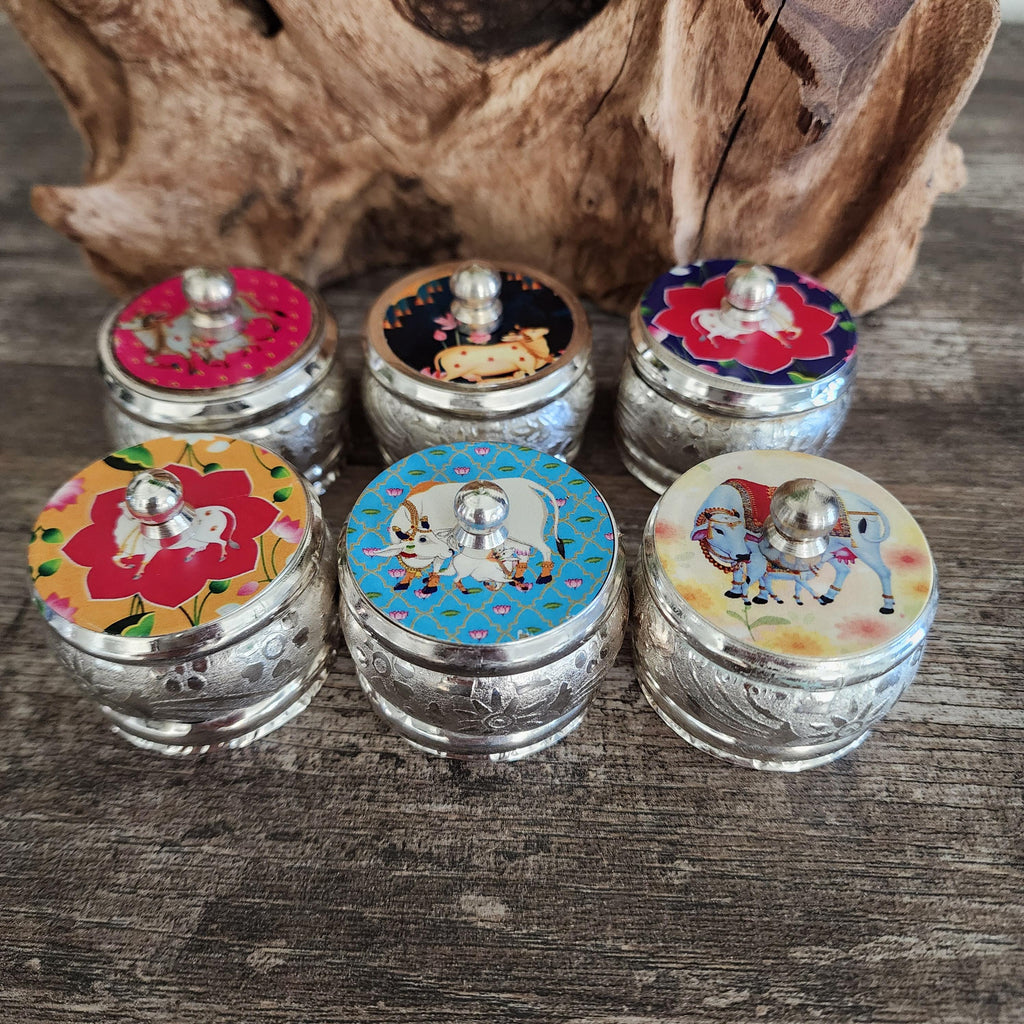 Handcrafted Enamel Haldi Kumkum Dibbi: German Silver Pichwai, Wedding Favor.