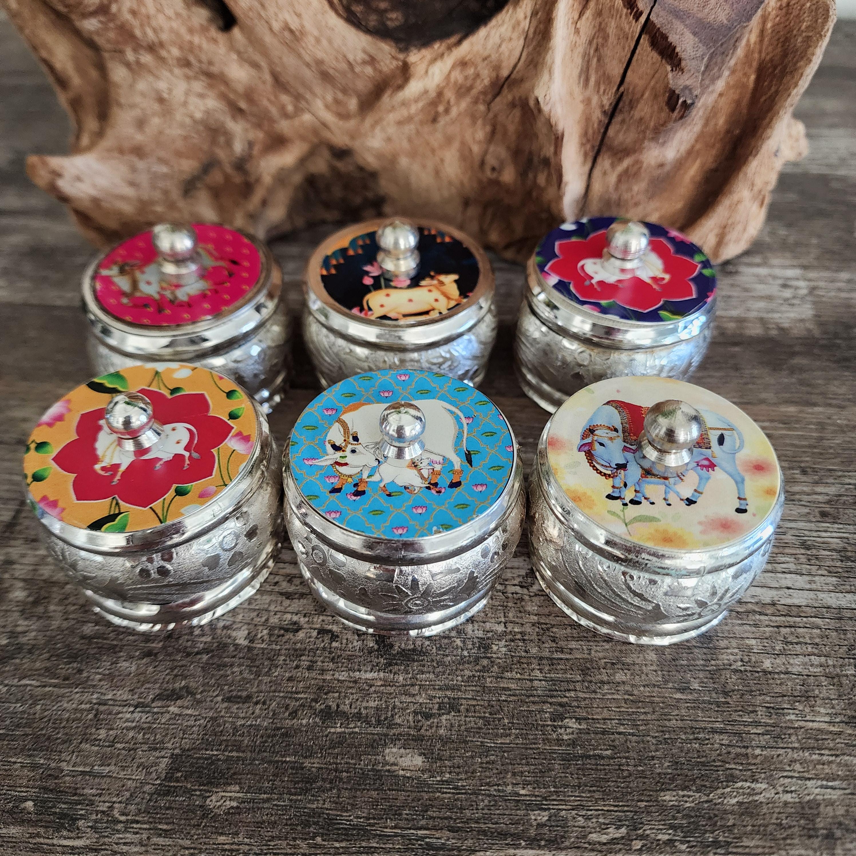 Handcrafted Enamel Haldi Kumkum Dibbi: German Silver Pichwai, Wedding Favor.