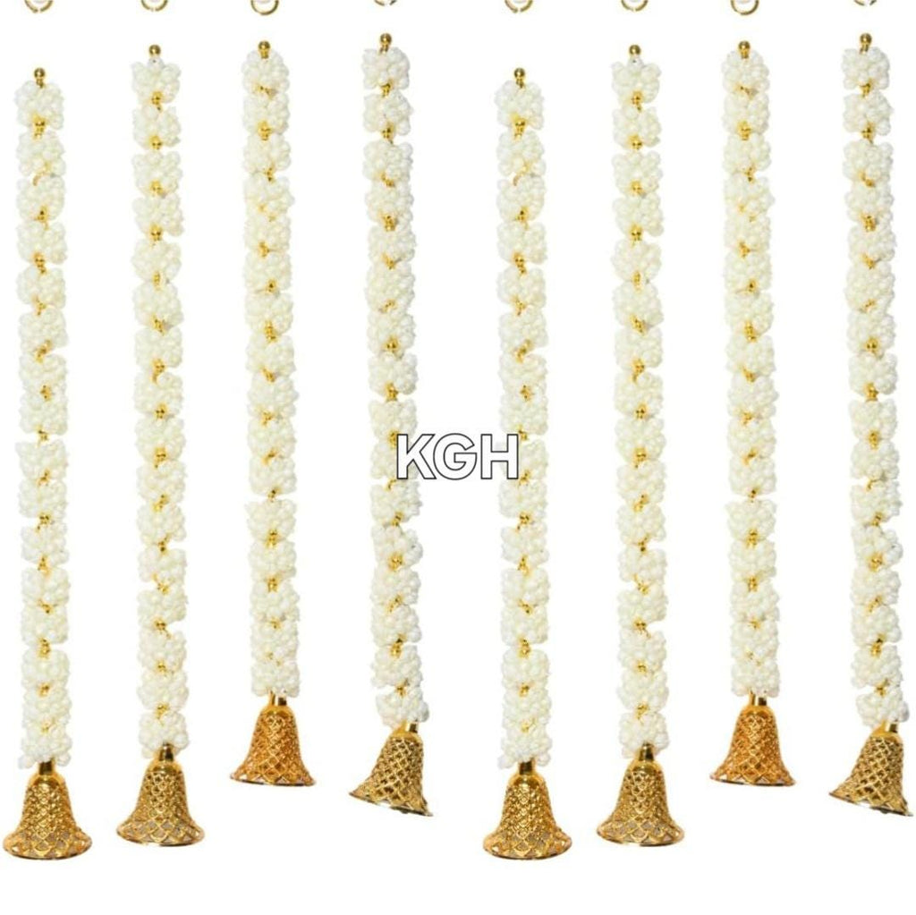 Mogra Bell Garland: White & Gold Artificial Flower String (Pack of 8)