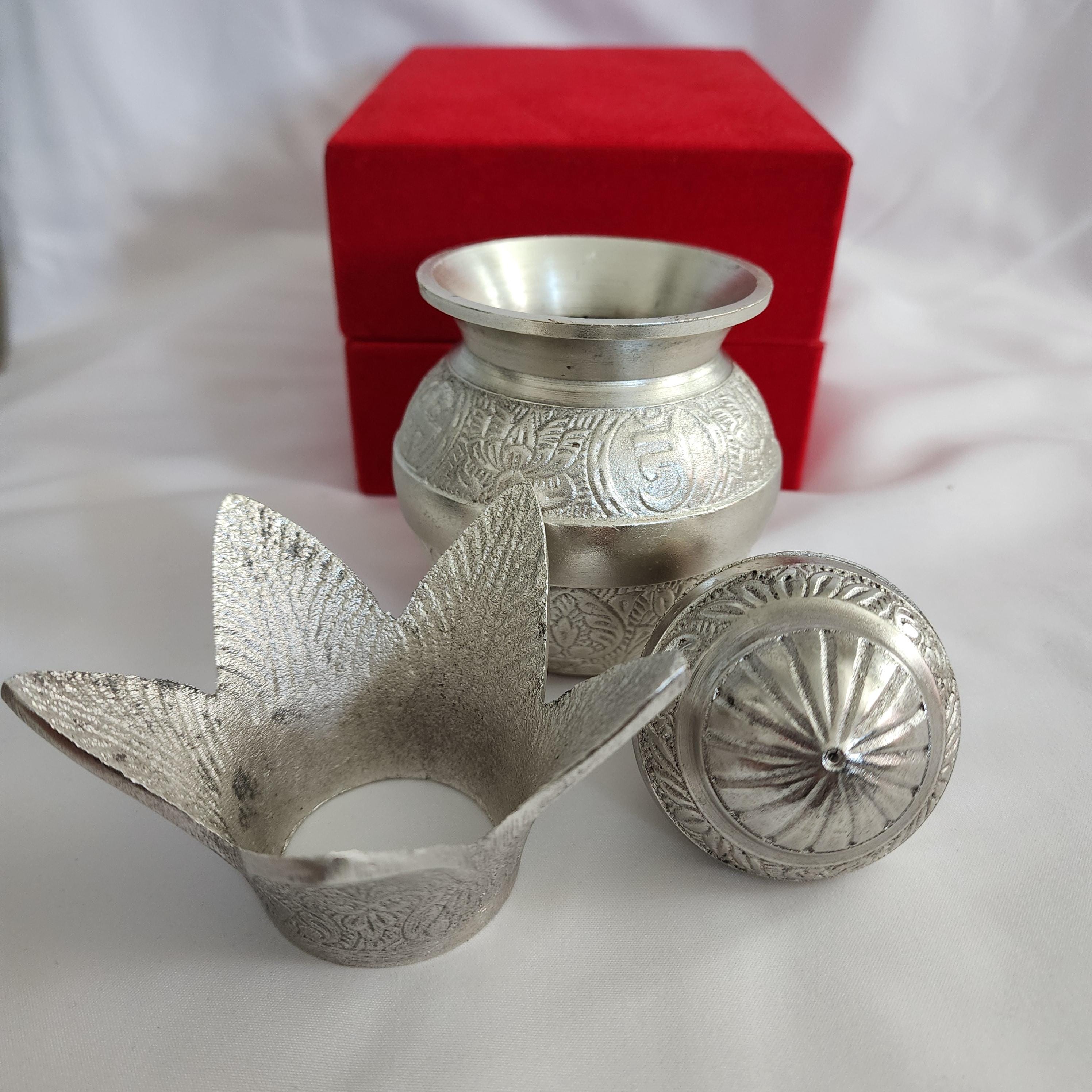 Handmade German Silver Mangal Kalash with Velvet Gift Box: Diwali Pooja Favor