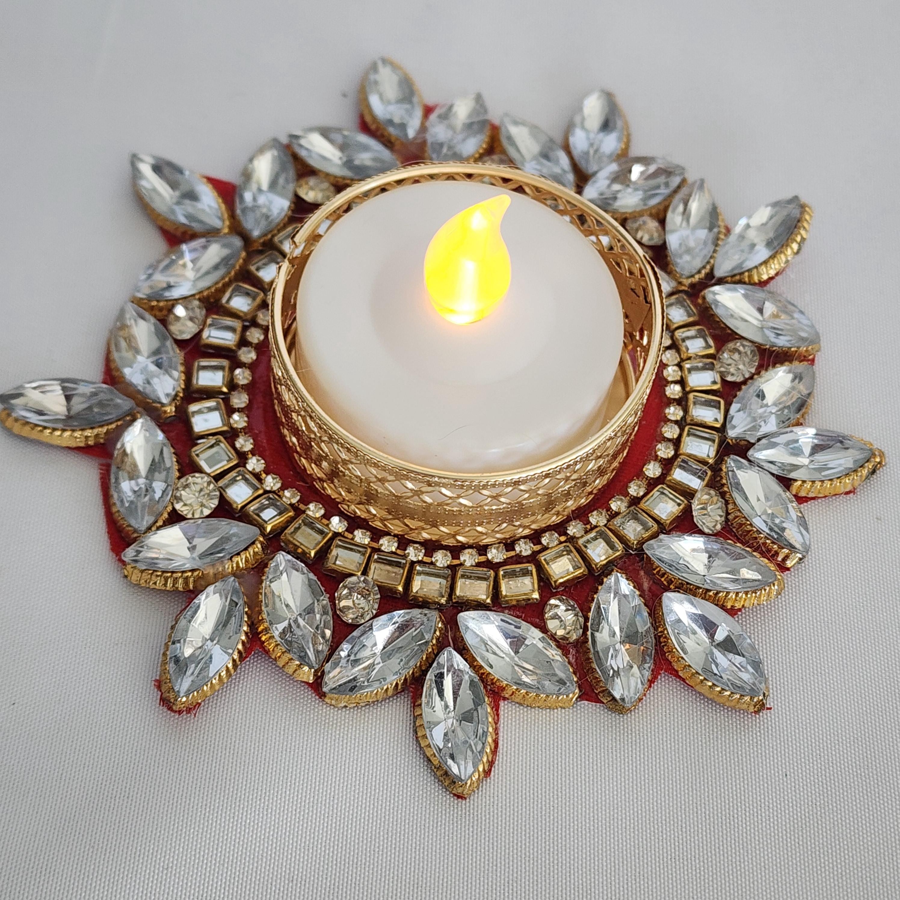 Kundan Tea Light Holder: Golden Diwali Pooja Decor, Wedding Favor