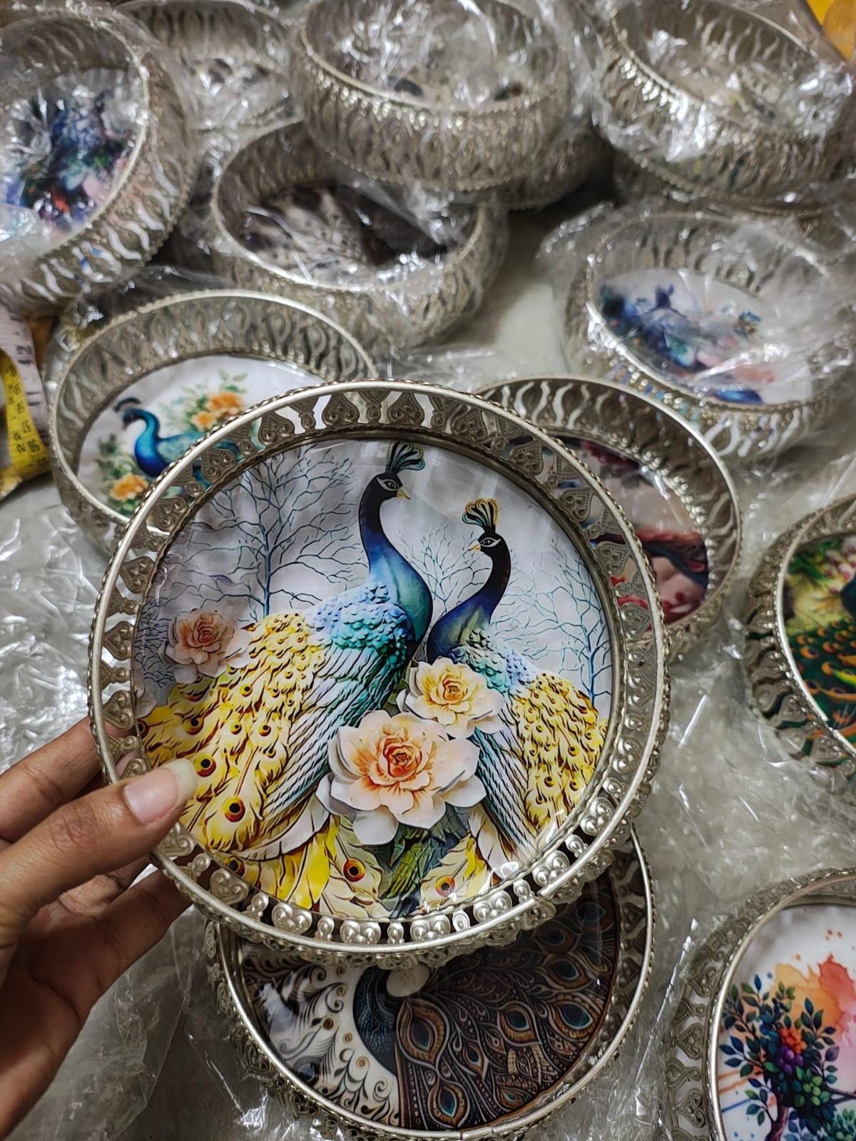 Peacock Decor German Silver Tray: 6 Inch Pooja Thali