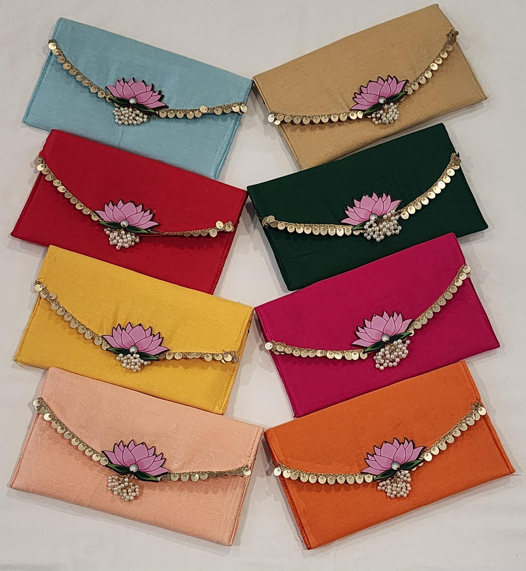 Handcrafted Clutch Purse: Indian Wedding Favor Bag with Lotus & Pearl