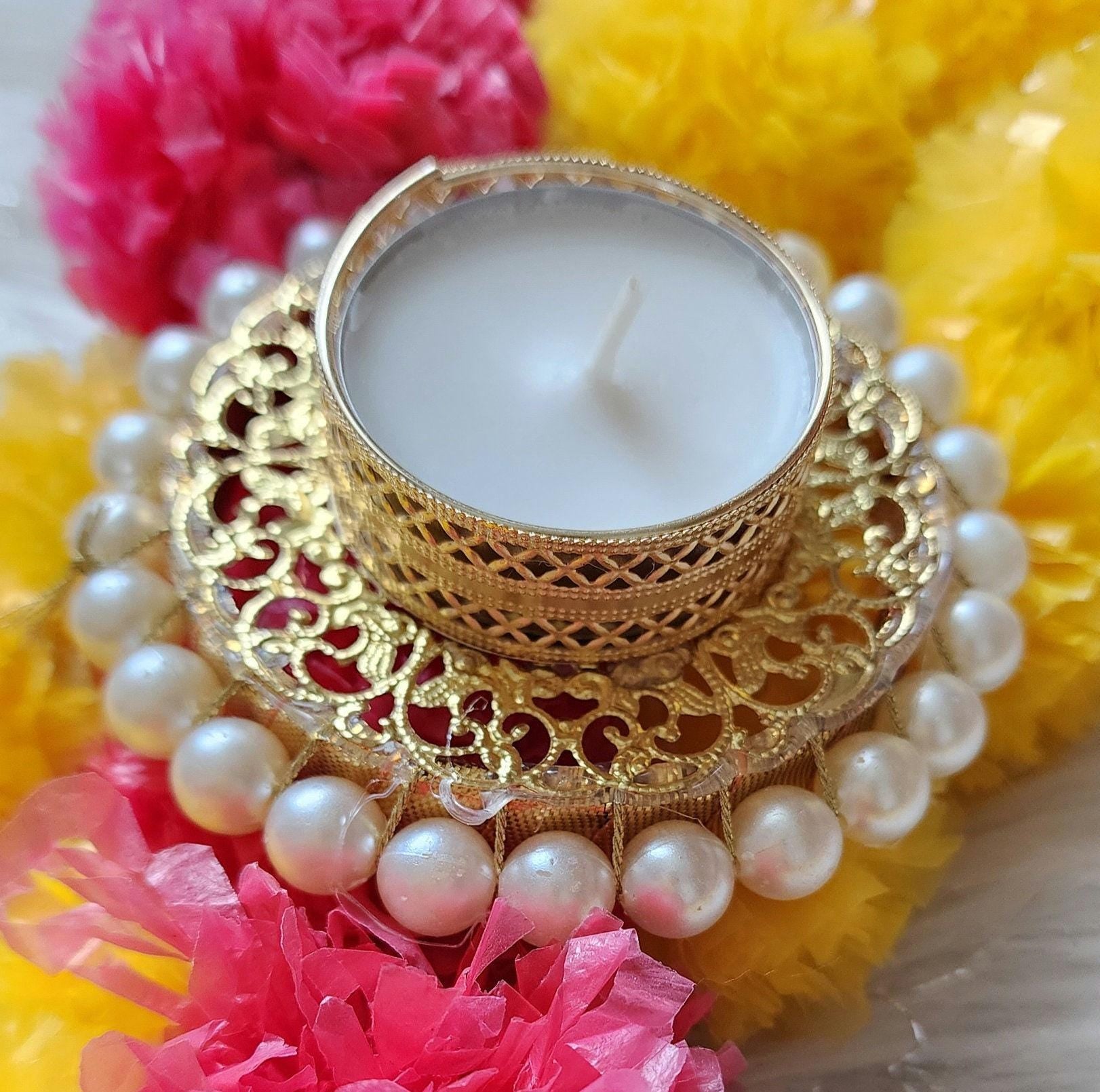 Golden Tea Light Holder: Pearl Base, Diwali Decoration.