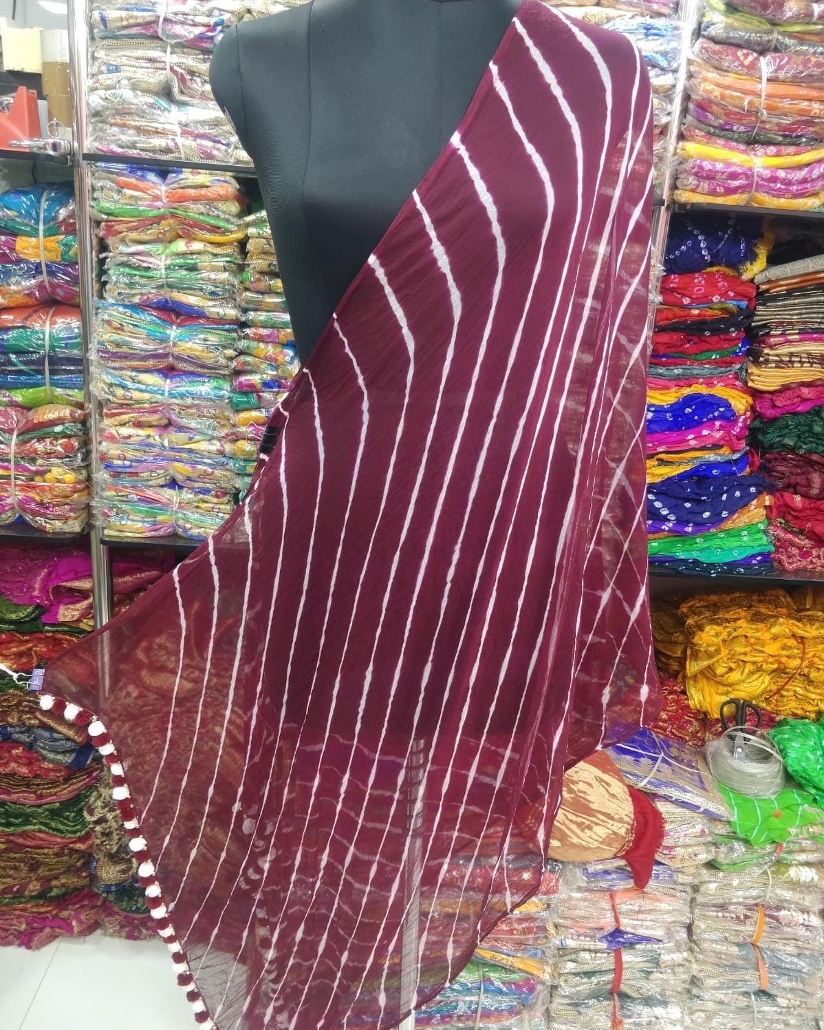 Bandhani Art Silk Dupatta: Rajasthani Tie Dye Scarf with Pom Poms