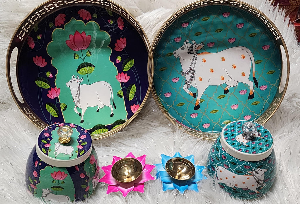 Pichwai Art Metal Tray Set: Nandi Cow Design, Indian Home Decor.