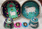 Pichwai Art Metal Tray Set: Nandi Cow Design, Indian Home Decor.