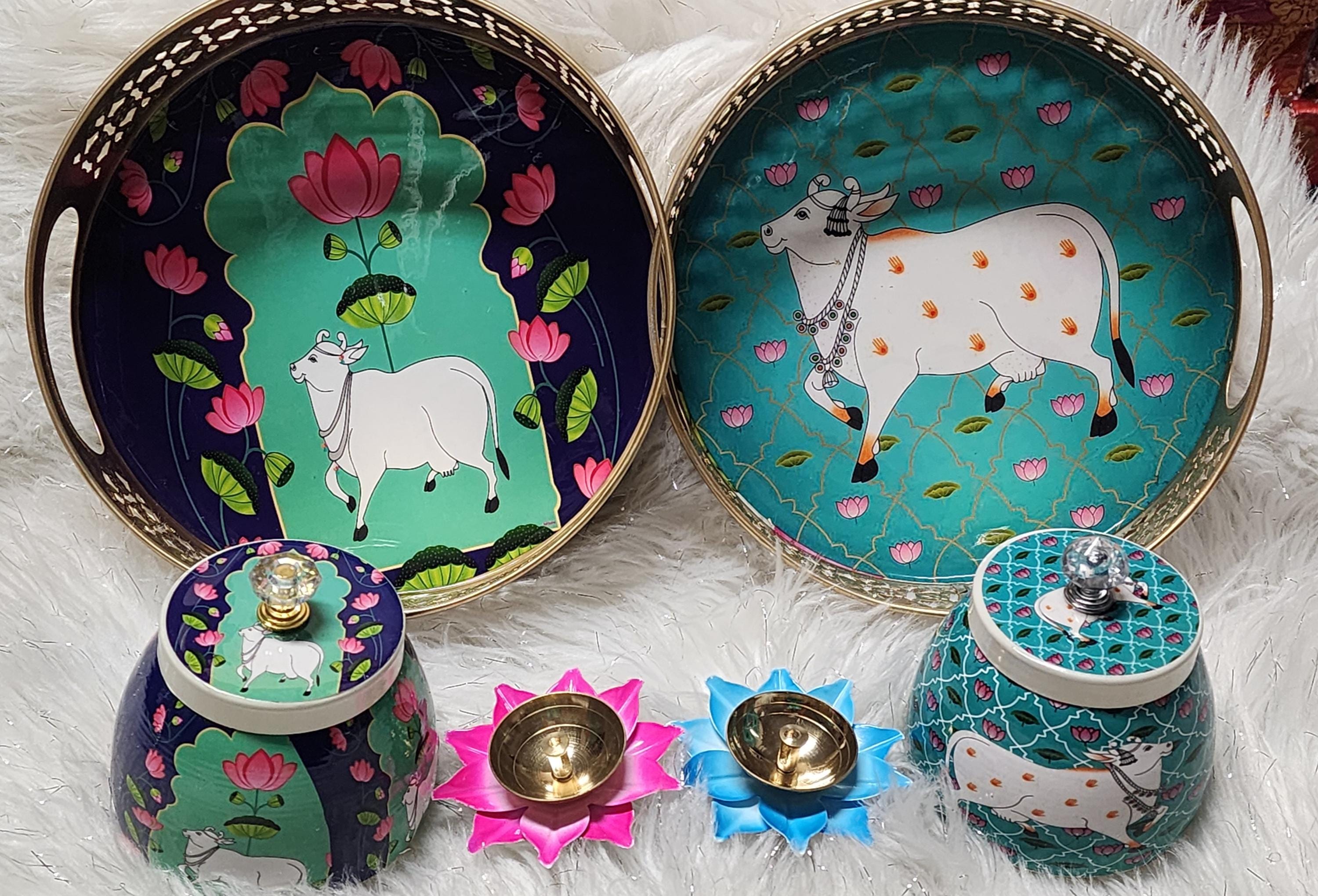 Pichwai Art Metal Tray Set: Nandi Cow Design, Indian Home Decor.