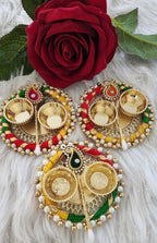 Handcrafted Multicolor Haldi Kumkum Plate: Pooja Favor with Stick