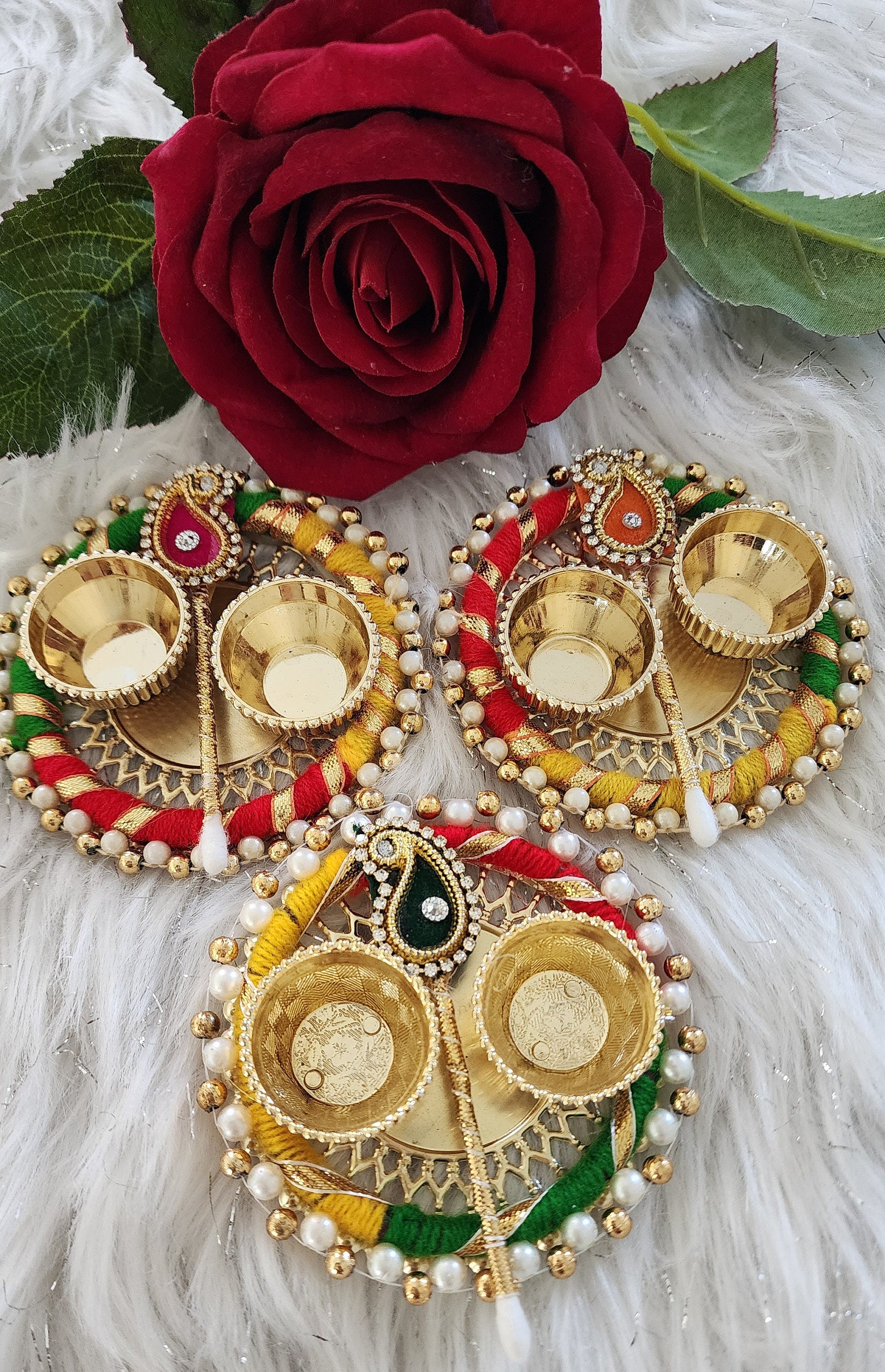 Handcrafted Multicolor Haldi Kumkum Plate: Pooja Favor with Stick