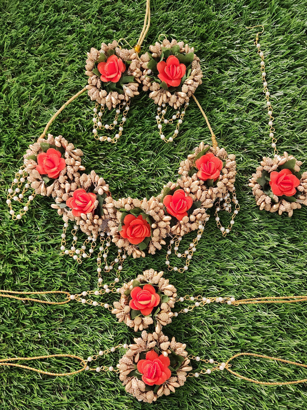 Floral Haldi Mehandi Jewelry Set, Indian Wedding, Sangeet.