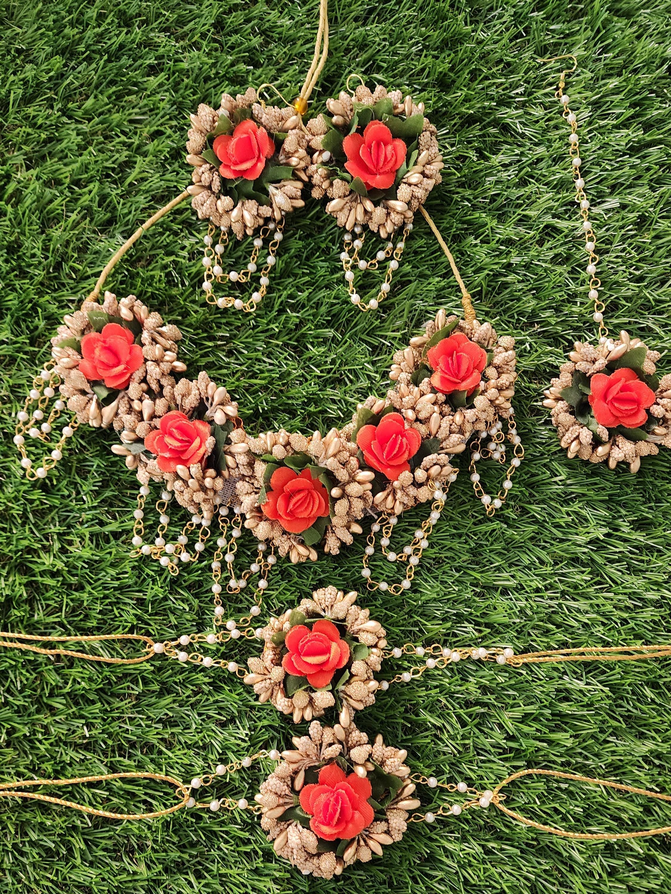 Floral Haldi Mehandi Jewelry Set, Indian Wedding, Sangeet.