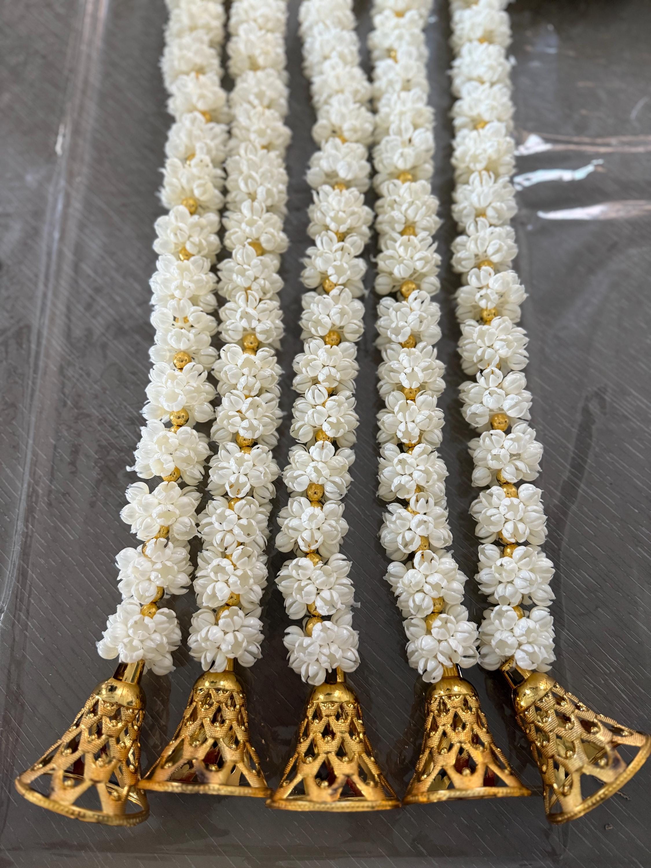 Mogra Bell Garland: White & Gold Artificial Flower String - Diwali Wedding Decor