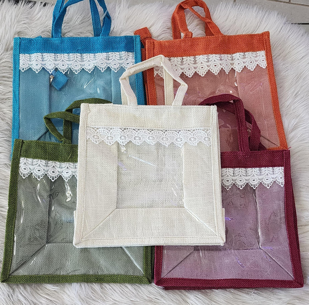 Jute Gift Handmade Bag with Lace & Transparent Panel - Party Favor Bag.