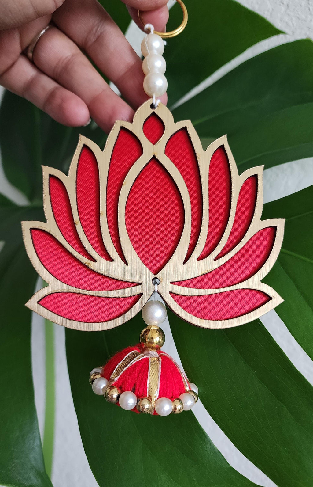 Red Wooden Lotus Hanging Pair: Indian Wedding Diwali Decor