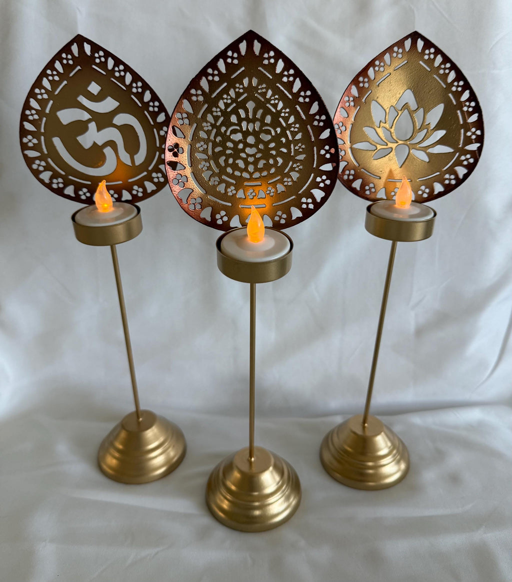 Handmade Metallic Urli Diya with Stand: Lotus/Om Diwali Decor - 12 inch