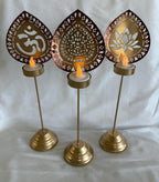 Handmade Metallic Urli Diya with Stand: Lotus/Om Diwali Decor - 12 inch