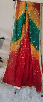 Bandhej Art Silk Dupatta: Rajasthani Golden Lace Scarf - Haldi, Mehendi, Pooja