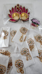 Handmade Kundan Rakhi Set: Pearl Haldi Kumkum Plate, Roli Chawal