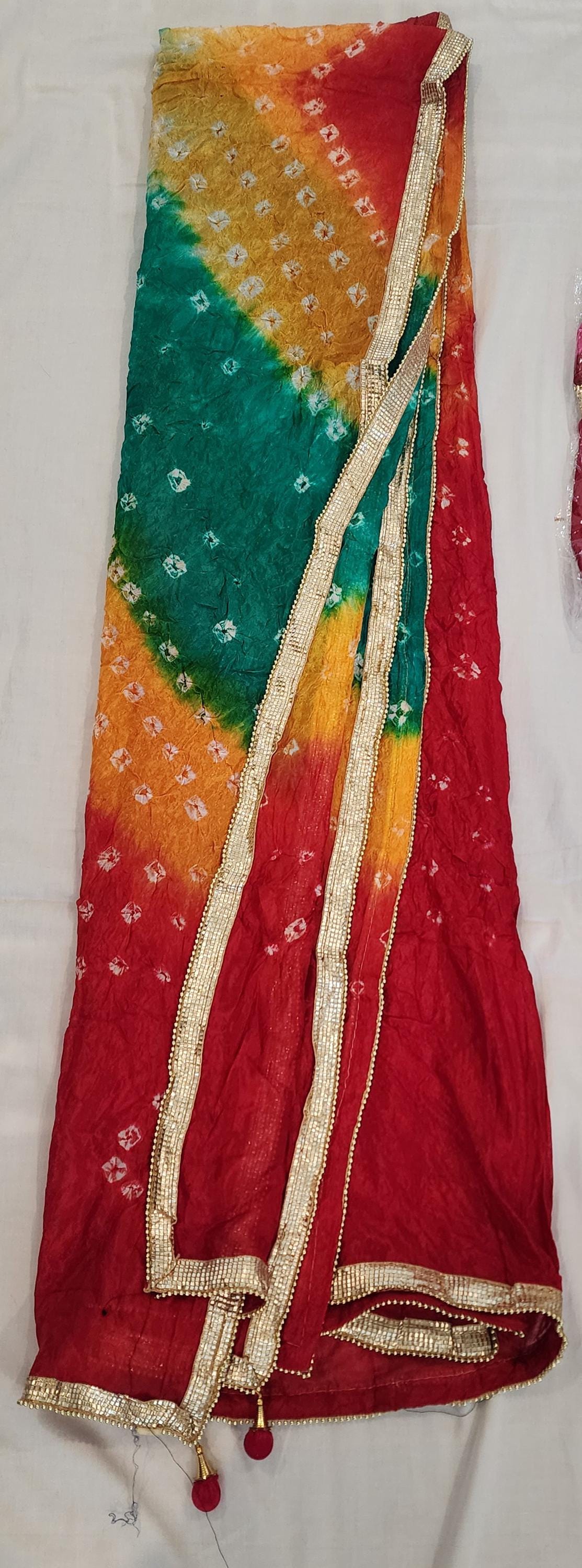 Bandhej Art Silk Dupatta: Rajasthani Golden Lace Scarf - Haldi, Mehendi, Pooja