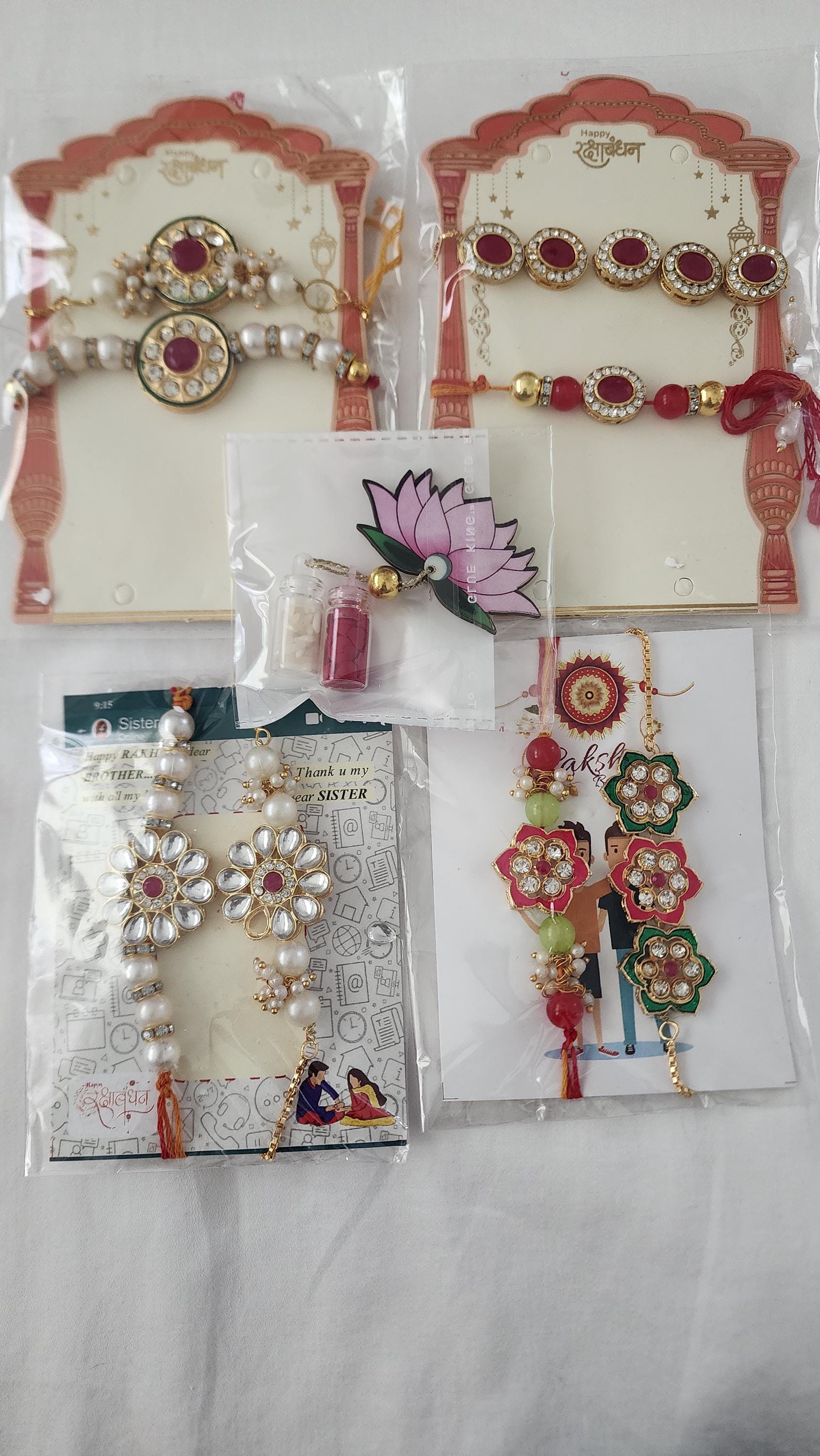 Handmade Kundan Rakhi Set: Pearl Chain Couple Rakhi with Roli Chawal