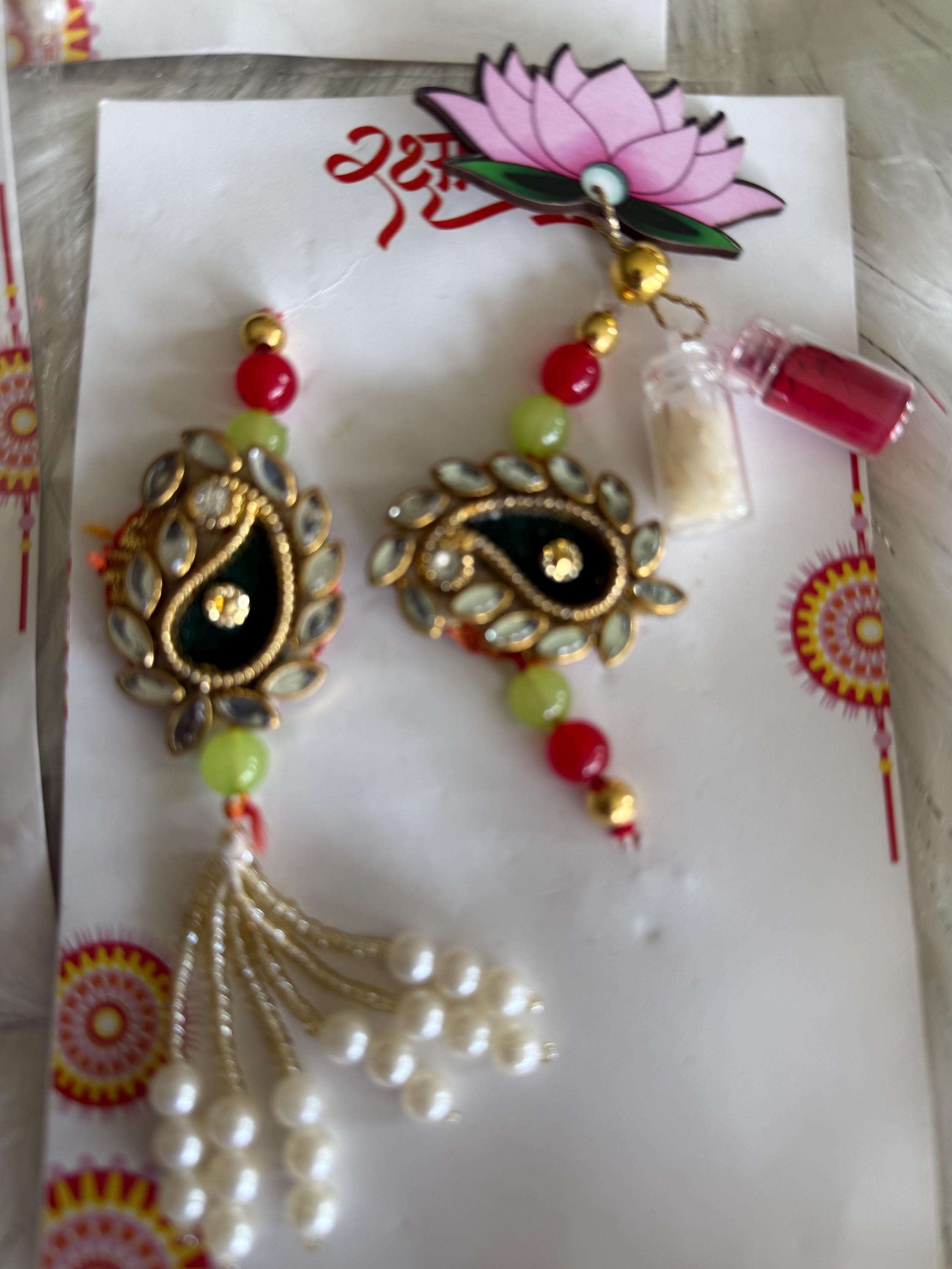 Handmade Kundan Couple Rakhi Set: Pearl Chain, Roli & Chawal