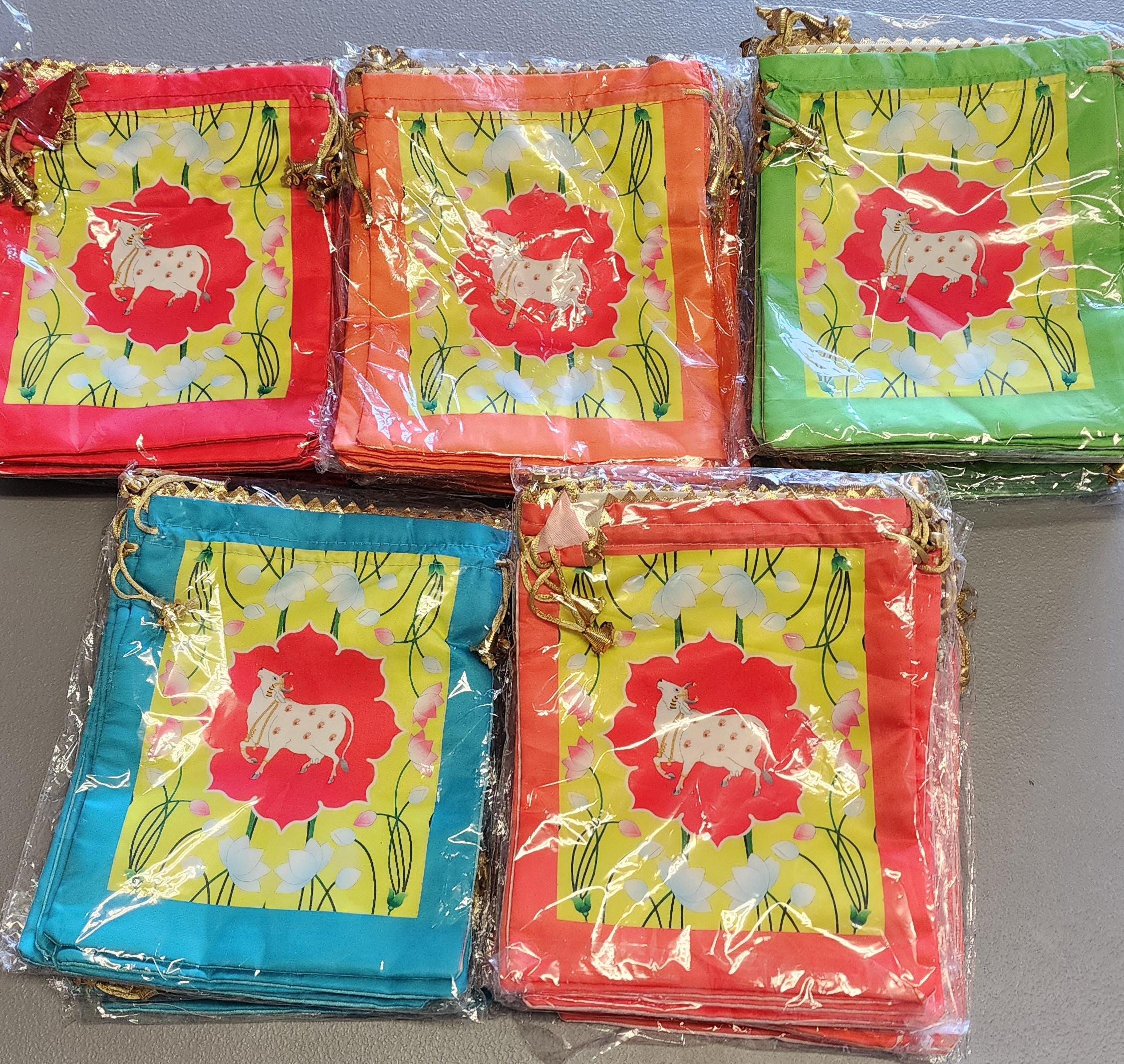 Lotus Cow Pichwai Print Silk Potli Bags: Wedding Favor Gifts