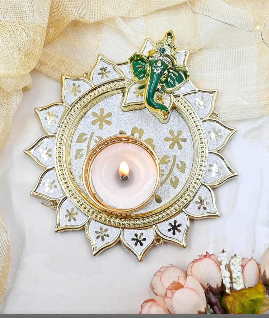 Ganpati HandmadeTea Light Plate: Acrylic Diwali Pooja Decor.