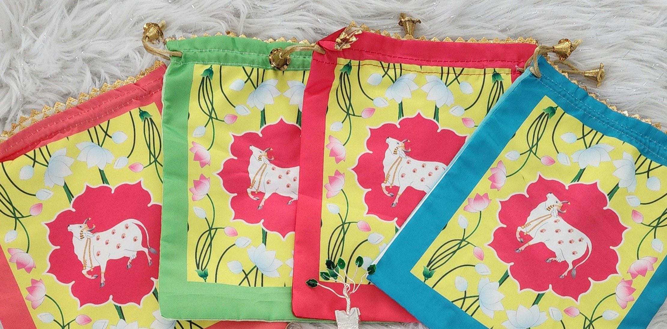 Pichwai Print Potli Bag Set: Pooja Decor, Wedding Favor - 4 Piece