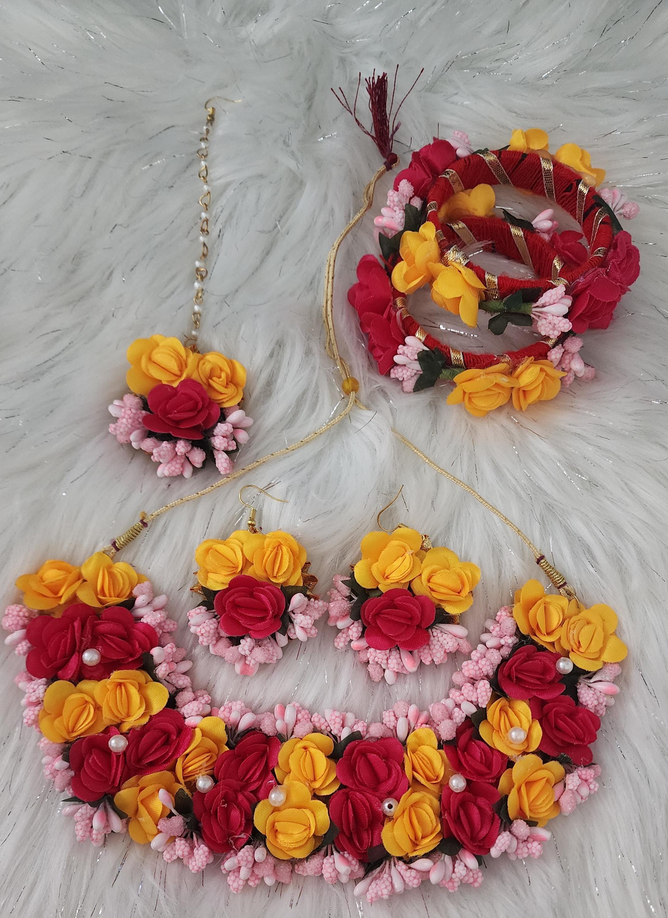 Floral Haldi Mehandi Jewelry Set: Necklace, Earrings, Maang Tikka & Hand Gajra