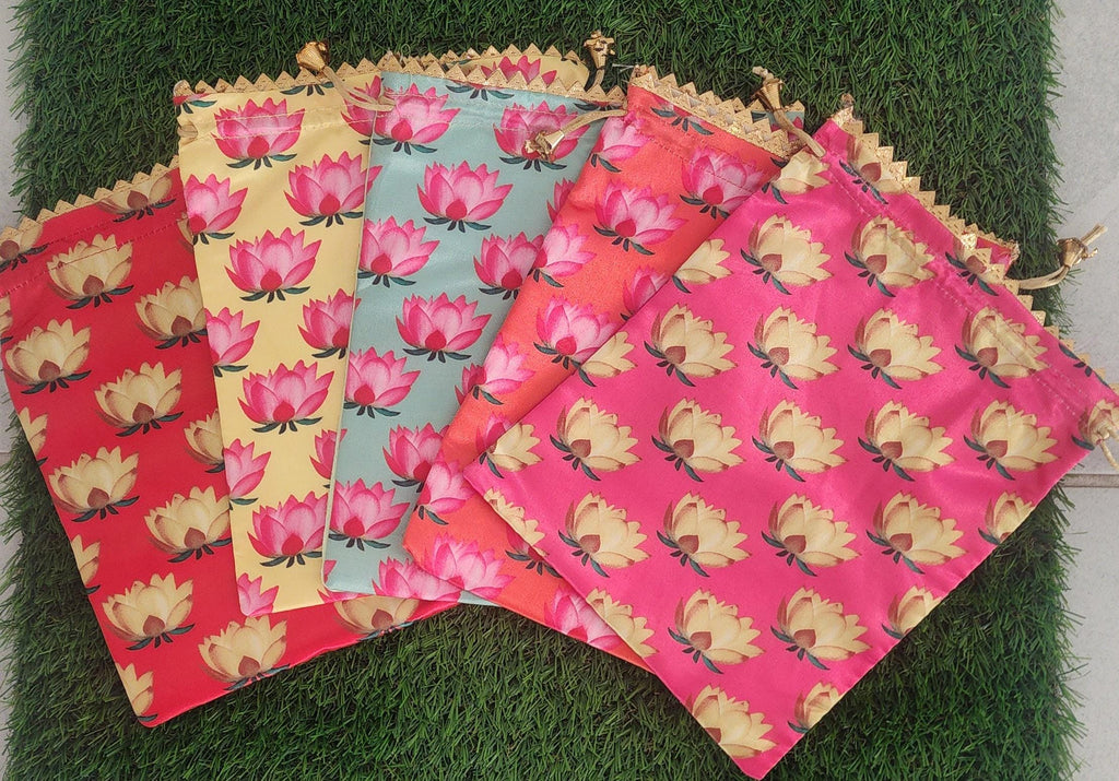 Lotus Cow Pichwai Print Silk Potli Bags: Wedding Favor Gifts