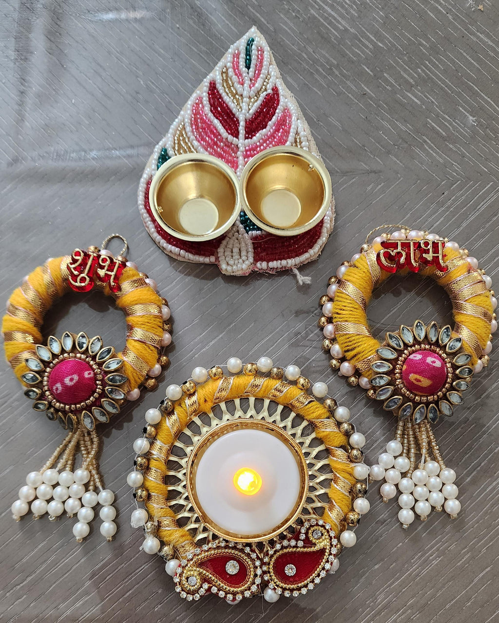 Potli Bag Set: Shubh Labh, Haldi Kumkum Plate, Diya - Indian Wedding Favors