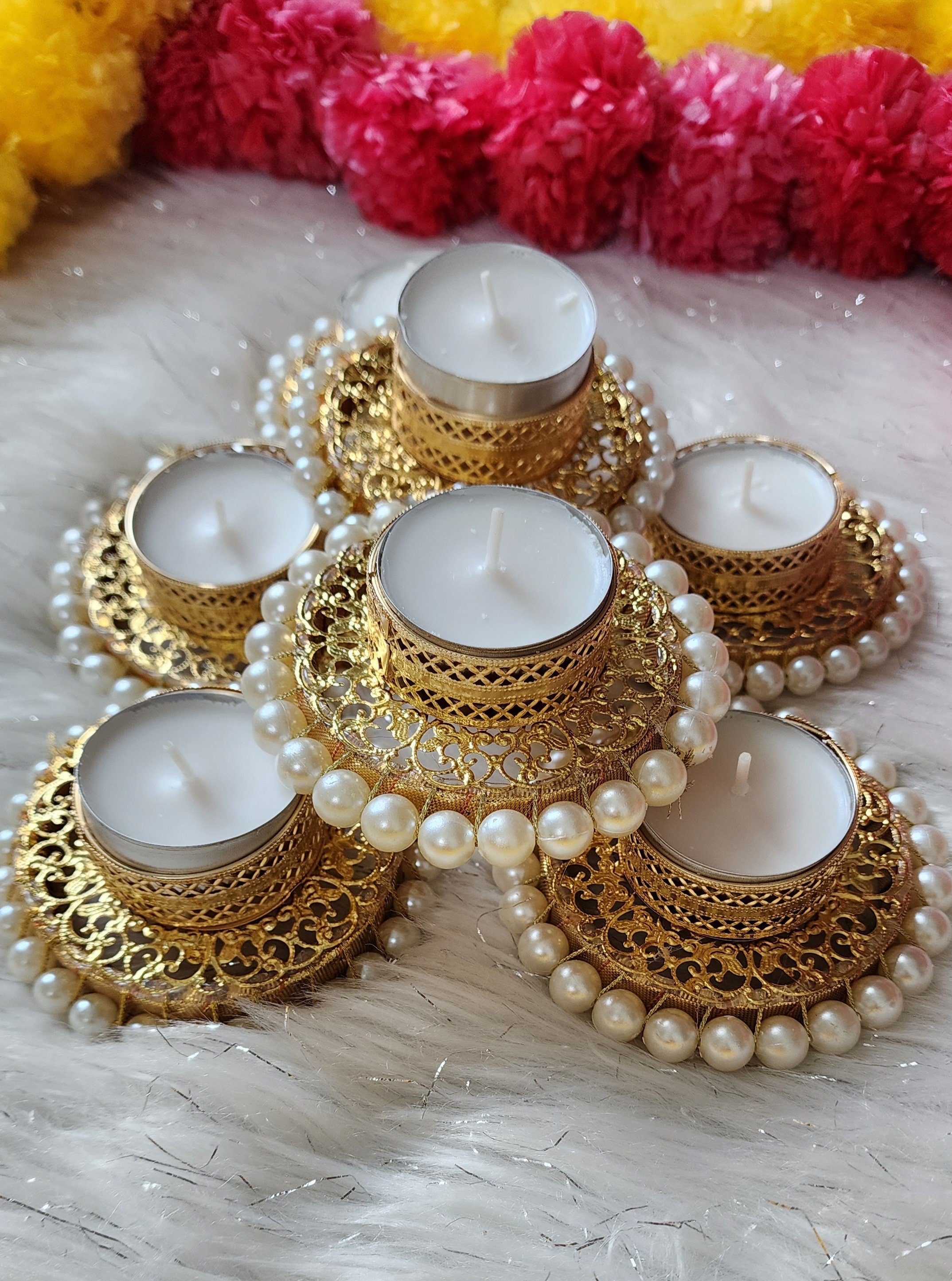 Golden Tea Light Holder: Pearl Base, Diwali Decoration.