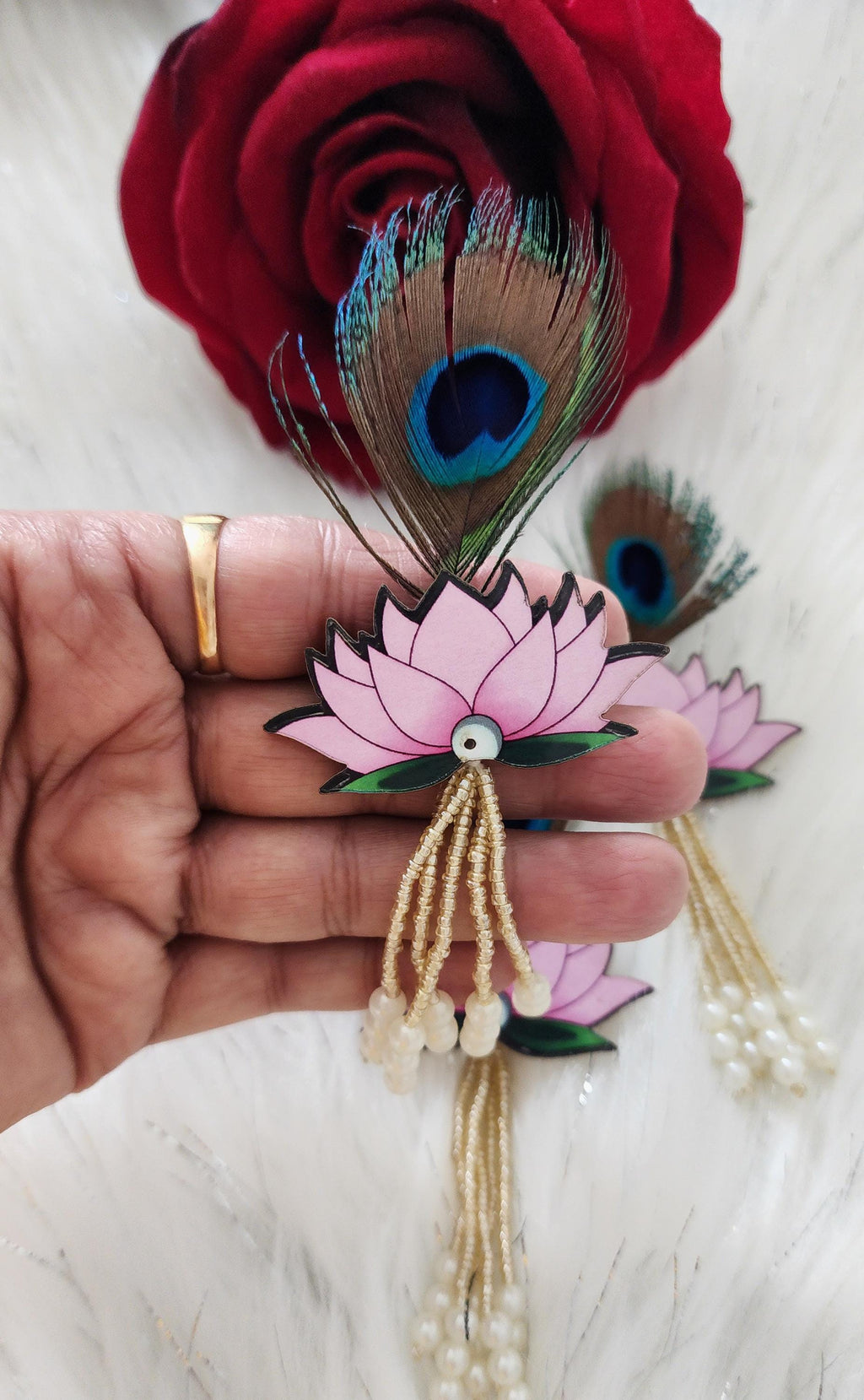 Peacock Feather Wedding Brooches: Lotus Kundan Indian Favor Pins