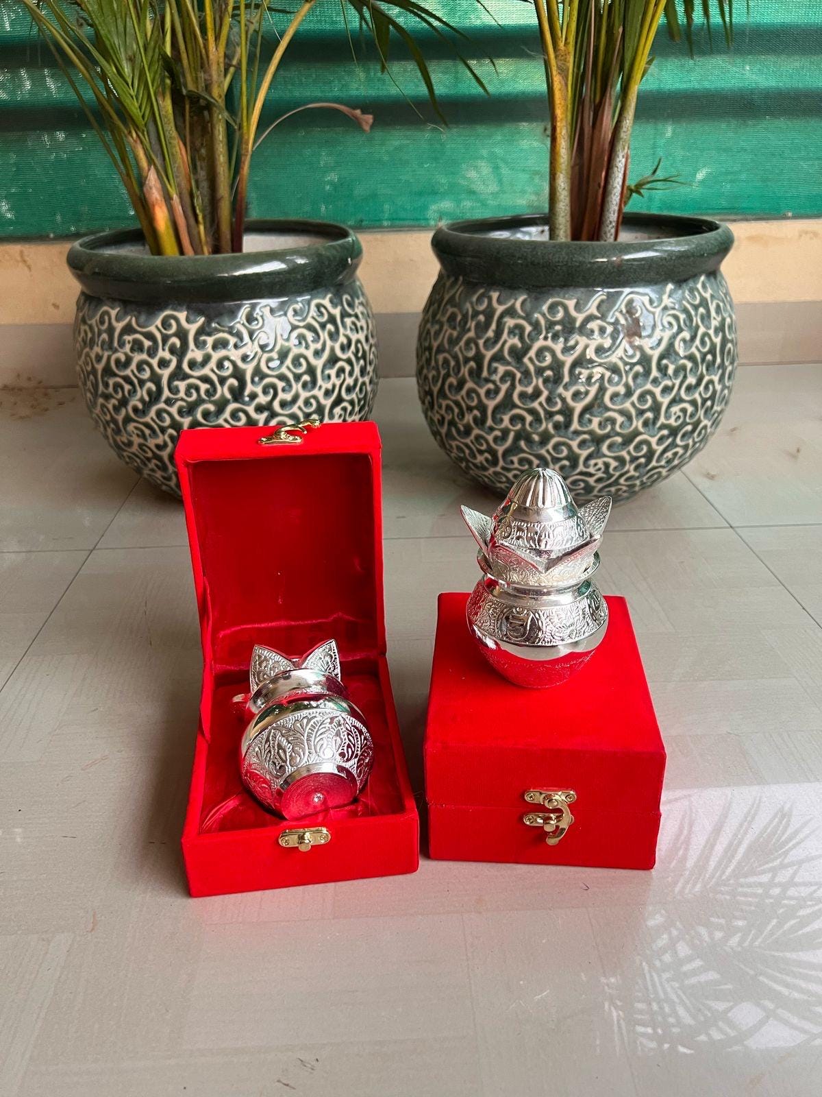Handmade German Silver Mangal Kalash with Velvet Gift Box: Diwali Pooja Favor