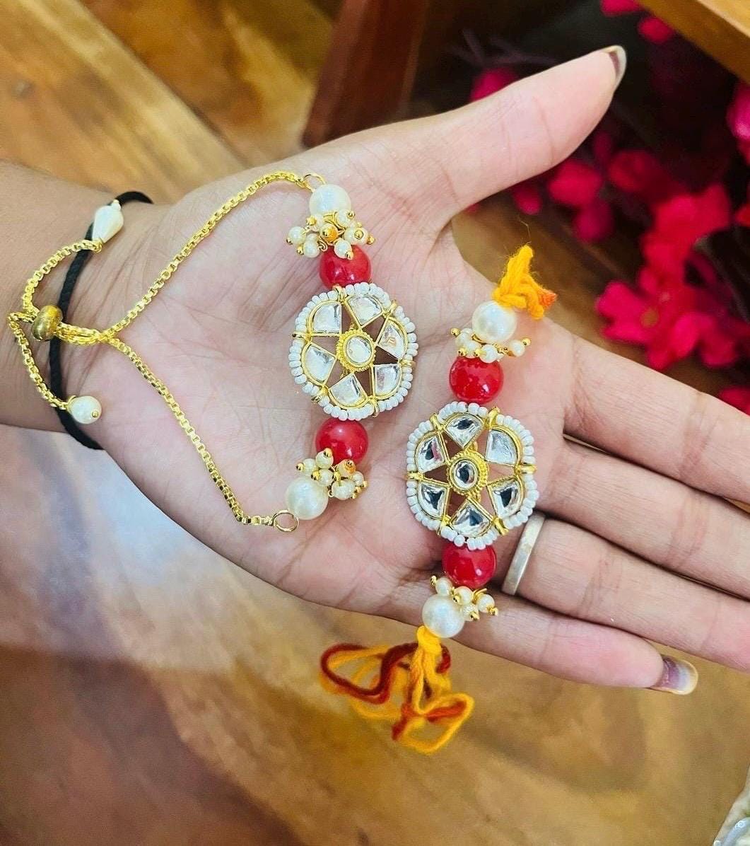 Handmade Kundan Rakhi Set: Pearl Chain Couple Rakhsha Bandhan