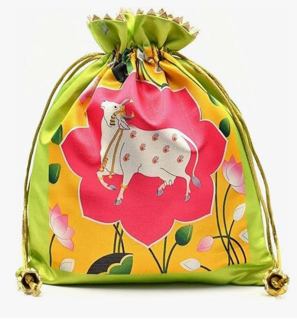 Lotus Cow Pichwai Print Silk Potli Bags: Wedding Favor Gifts