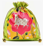 Lotus Cow Pichwai Print Silk Potli Bags: Wedding Favor Gifts