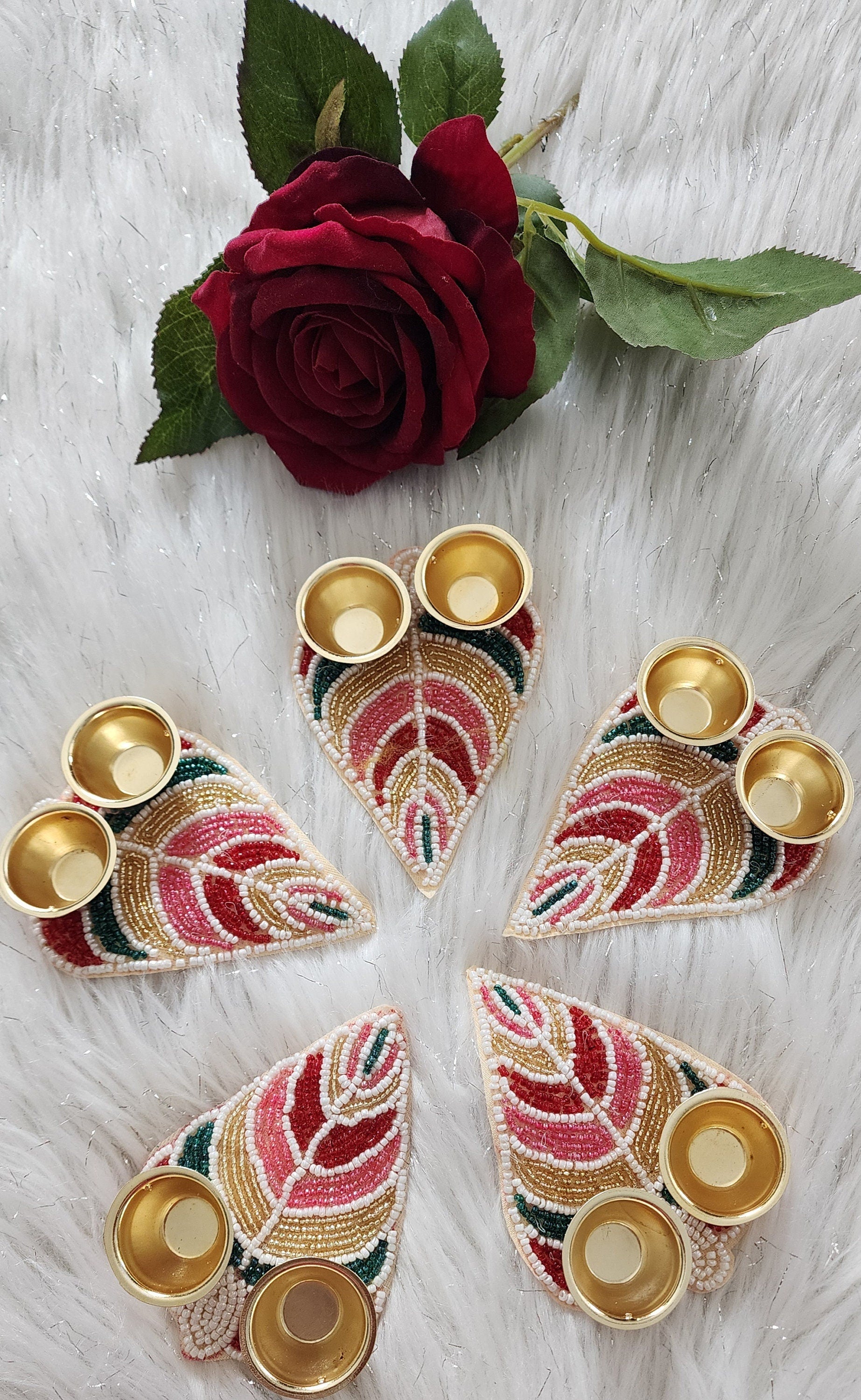 Handcrafted Beaded Leaf Haldi Kumkum Plate: Diwali Pooja Gift