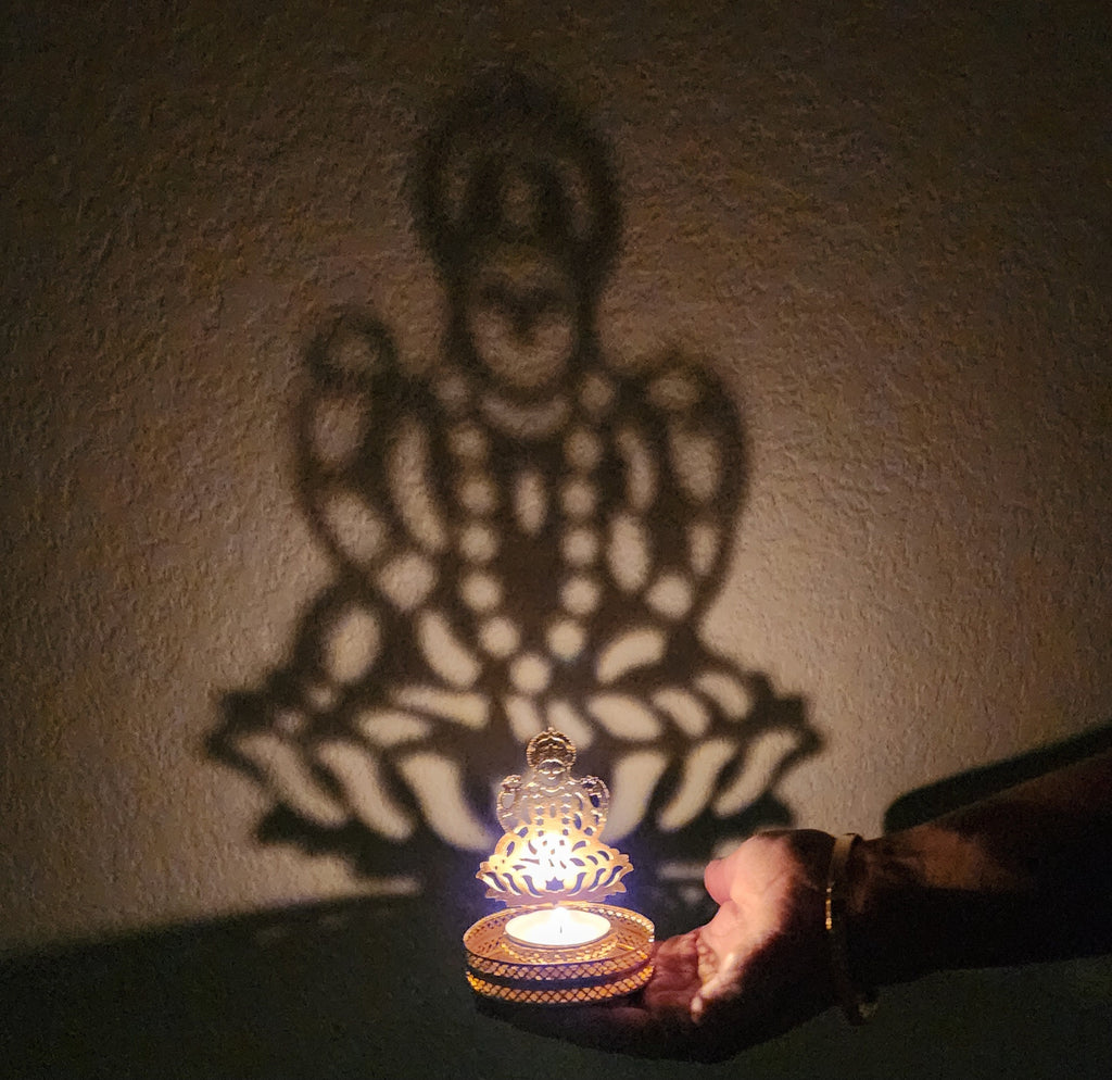 Gold Metal Shadow Diya Set: Ganesh & Lakshmi Indian Candle Holders