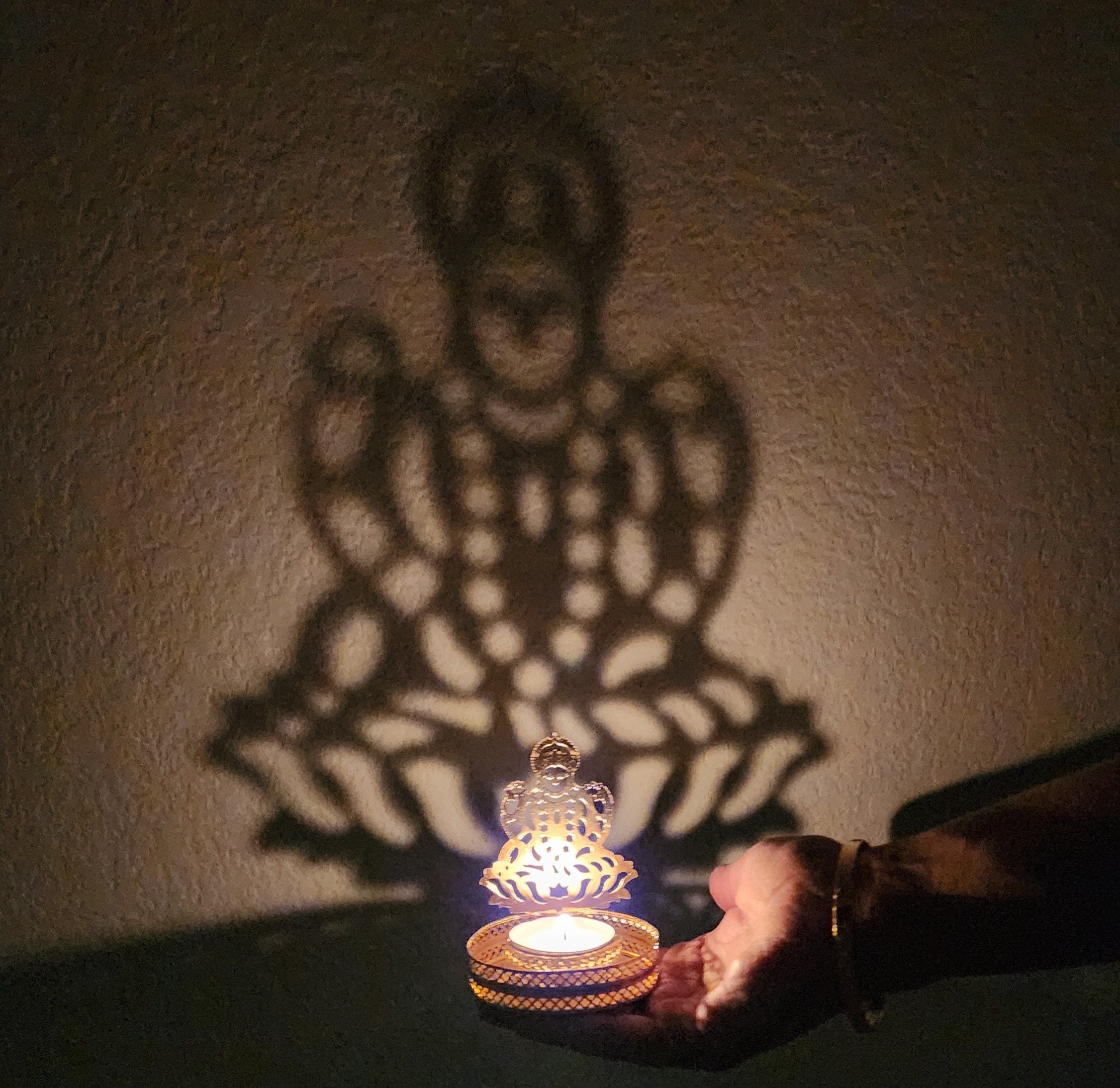 Gold Metal Shadow Diya Set: Ganesh & Lakshmi Indian Candle Holders