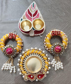 Potli Bag Set: Shubh Labh, Haldi Kumkum Plate, Diya - Indian Wedding Favors