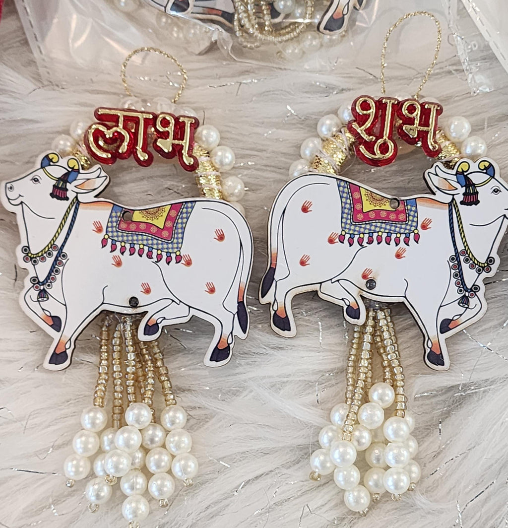 Pichwai Handmade Cow Shubh-Labh Hanging: Diwali Mandir Decor.