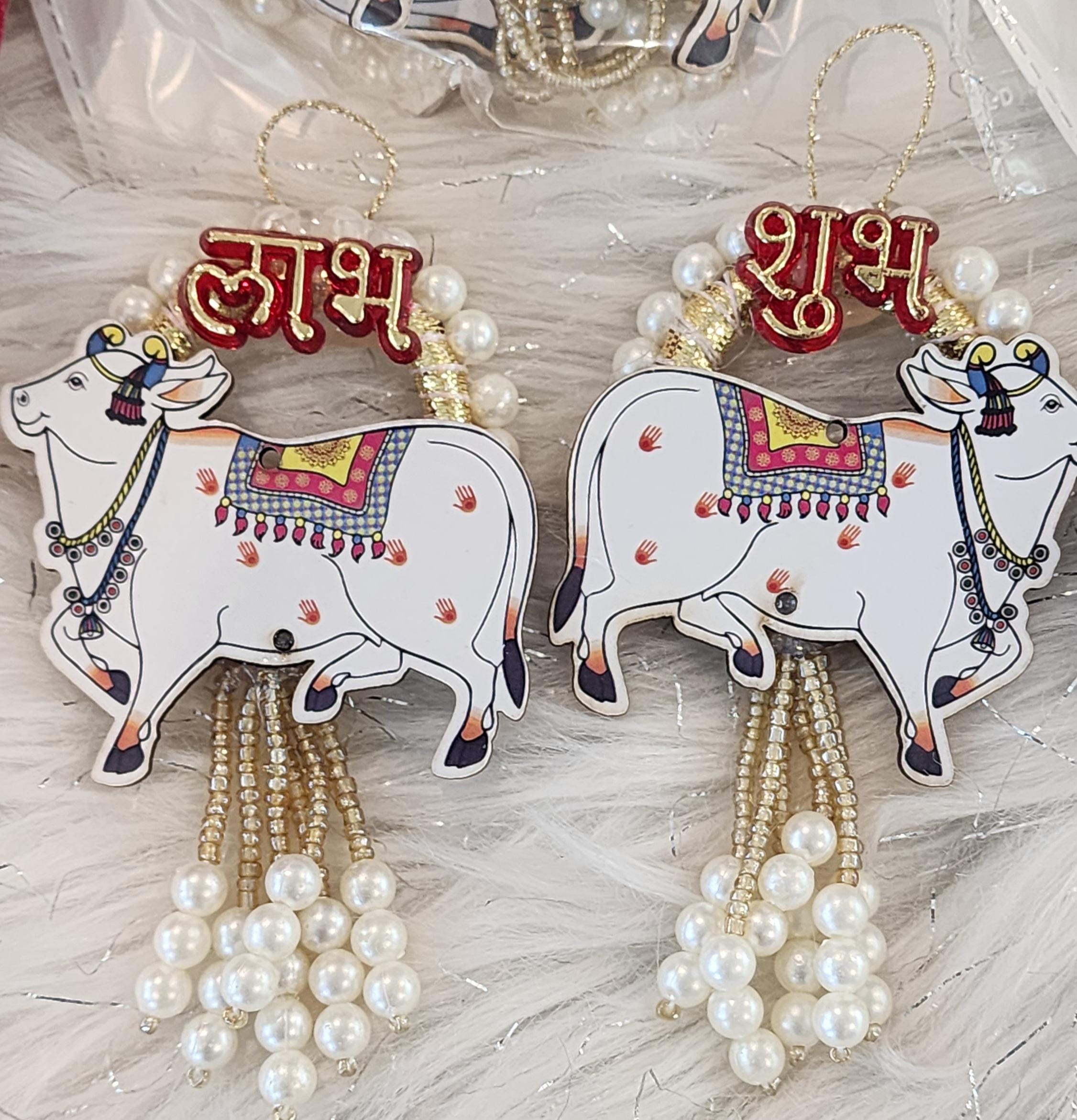 Pichwai Handmade Cow Shubh-Labh Hanging: Diwali Mandir Decor.