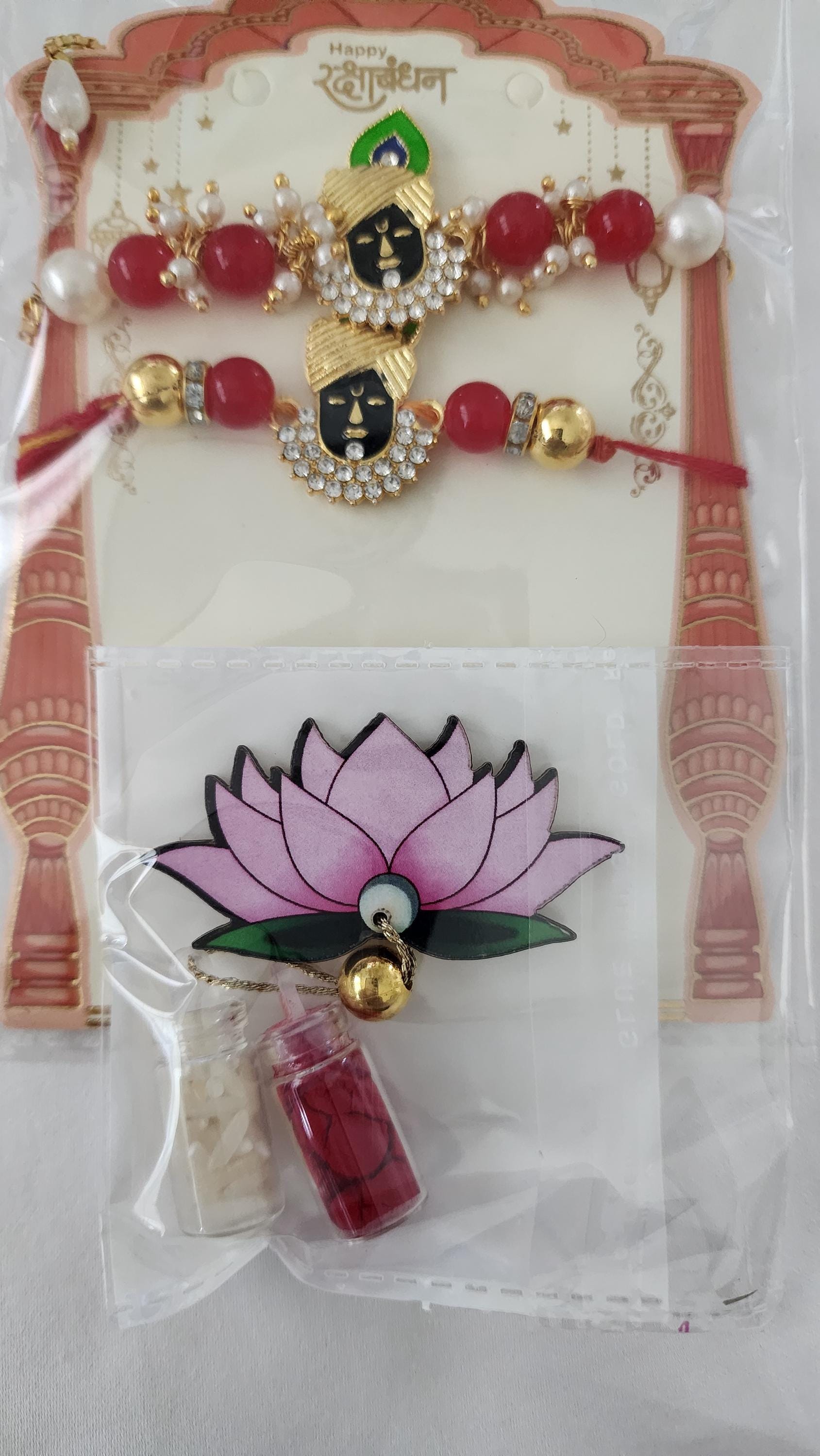 Handmade Kundan Rakhi Set: Pearl Chain Couple Rakhsha Bandhan