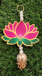 Lotus Hanging Pair: Pink Handmade Mandir Diwali Decoration - 5 inch.