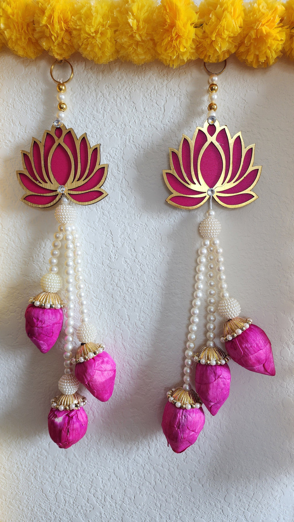 Pink Lotus Garland with Pearls: Indian Wedding Hanging Decor (Set of 2)